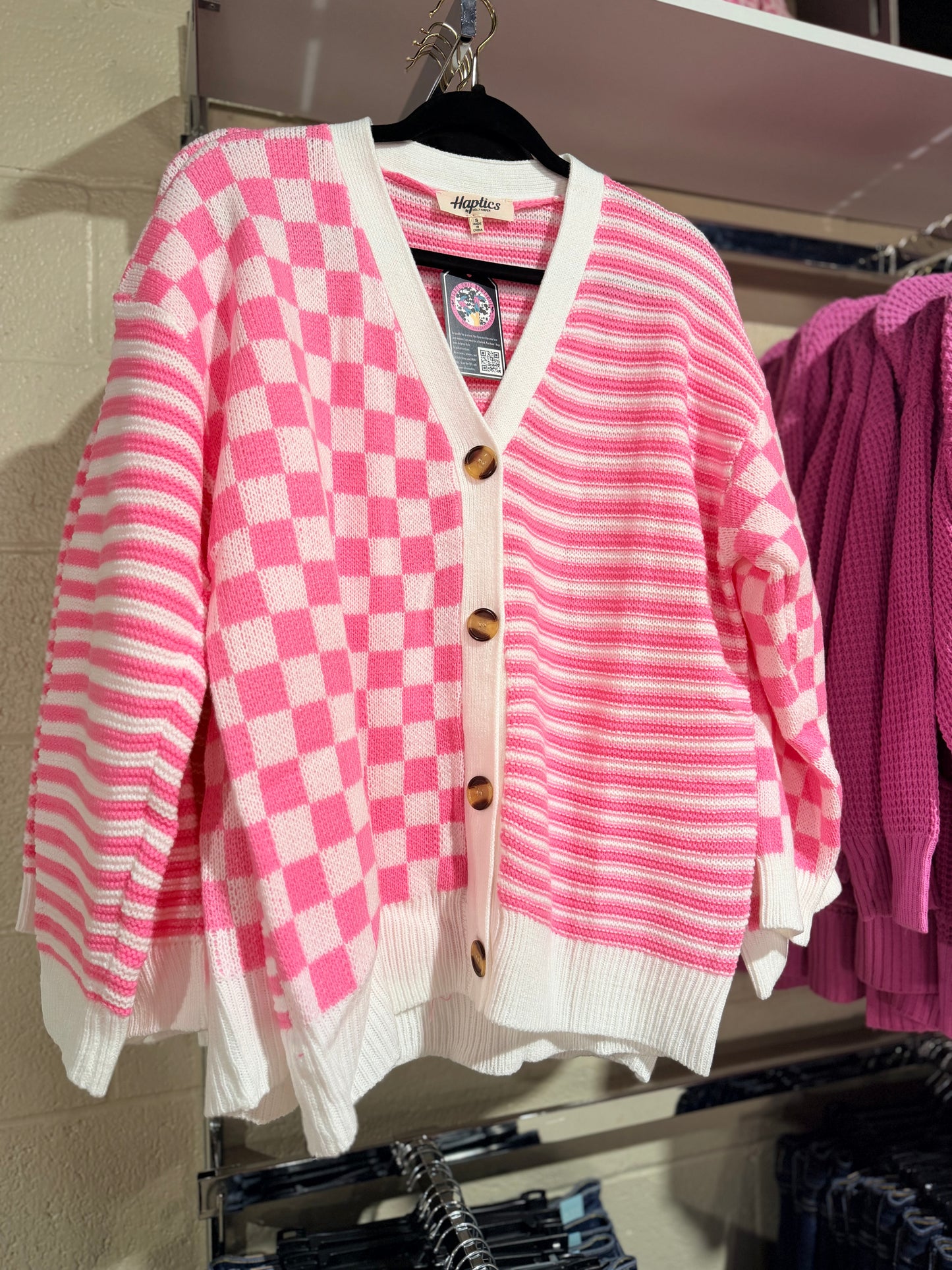 Pink Checkered + Stripes Button Cardigan
