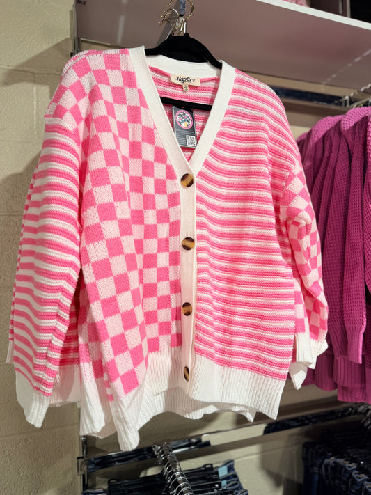 Pink Checkered + Stripes Button Cardigan