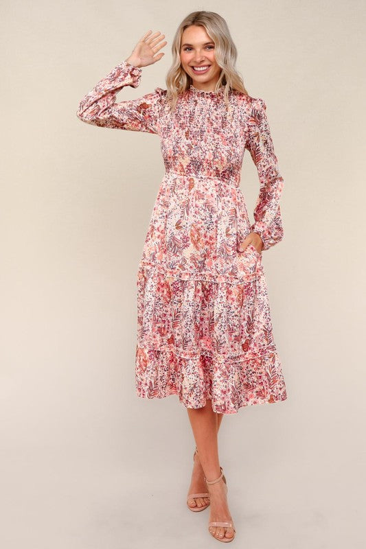 Marsala Satin Floral Smocked Midi Dress