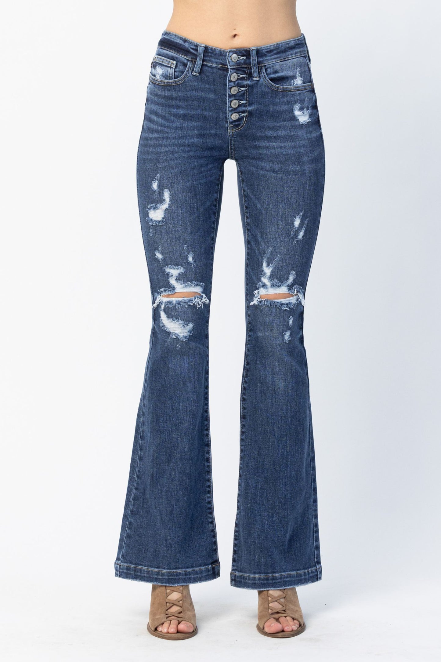 Judy Blue Kierstin Mid-Rise Buttonfly Distressed Flare Jeans (JB 82430)