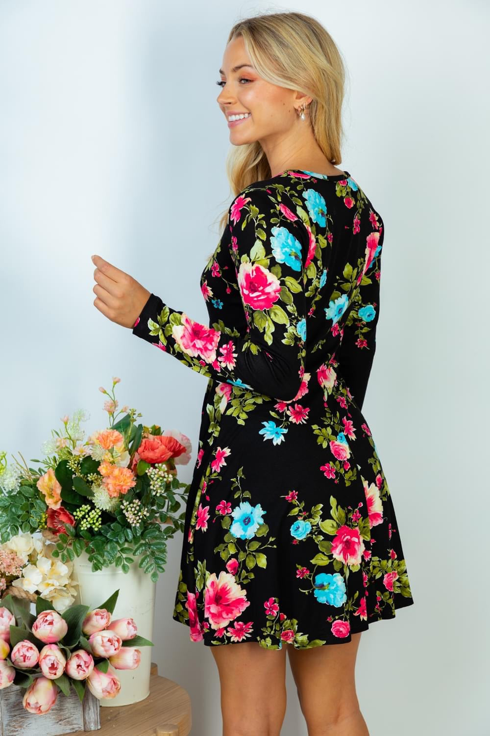 Black Floral Long Sleeve Dress