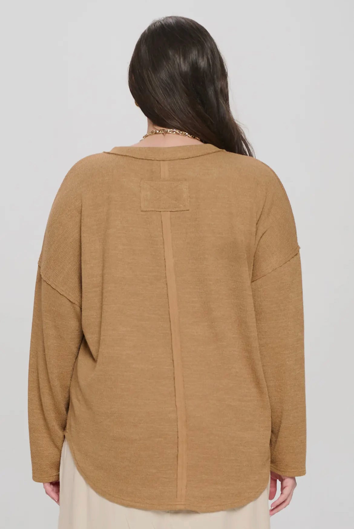 Almond Solid Notch Neck Knit Top