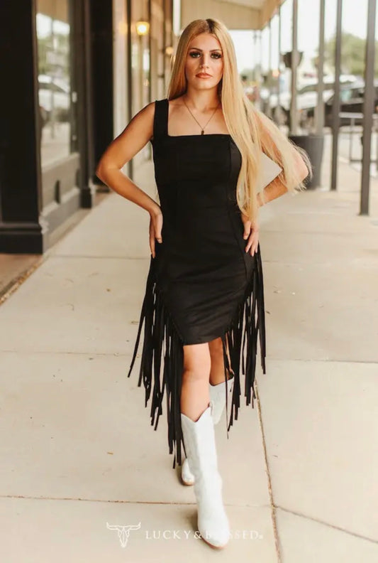 Black Suede Side Fringe Dress