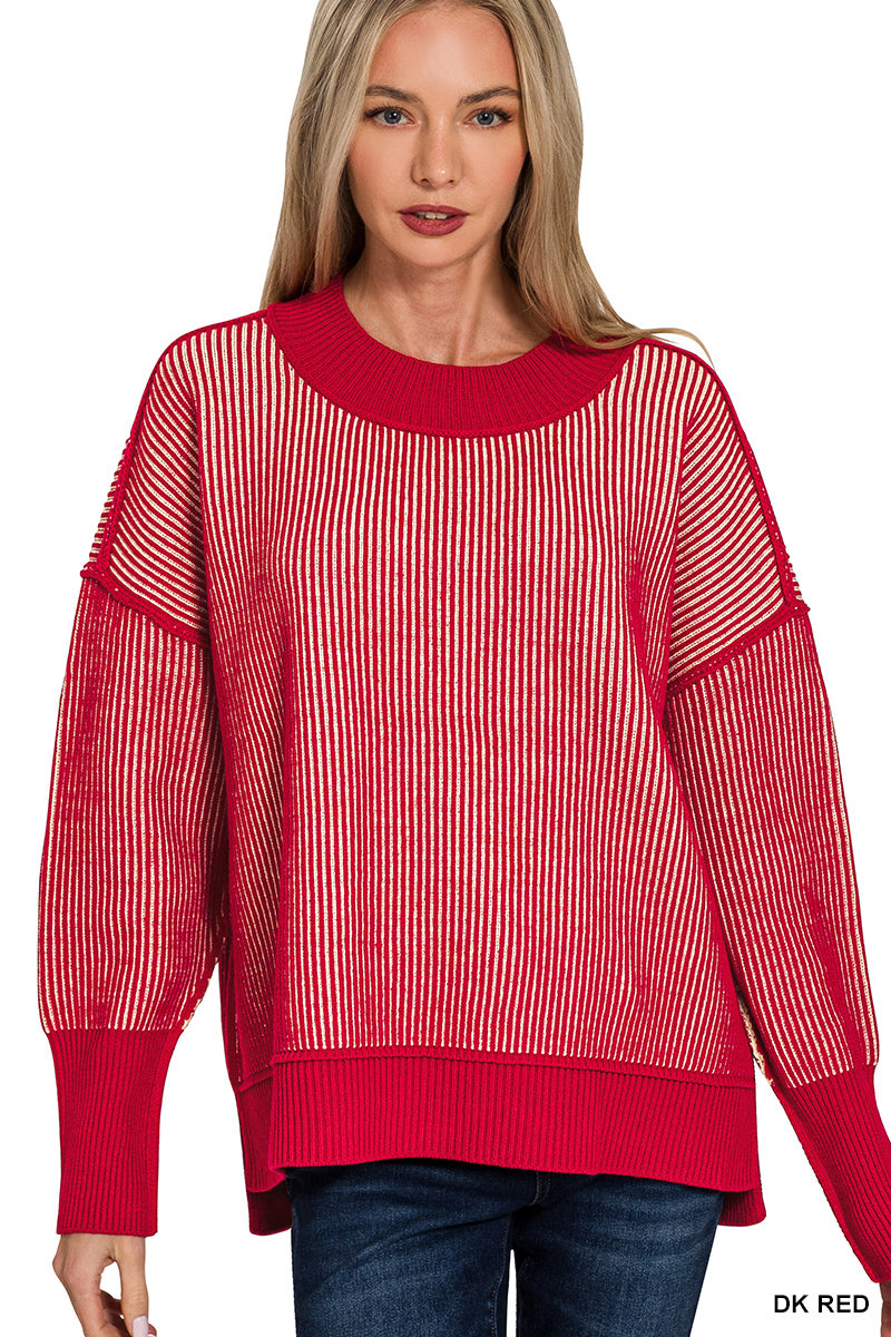 Dark Red Ribbed Two-Tone Sweater