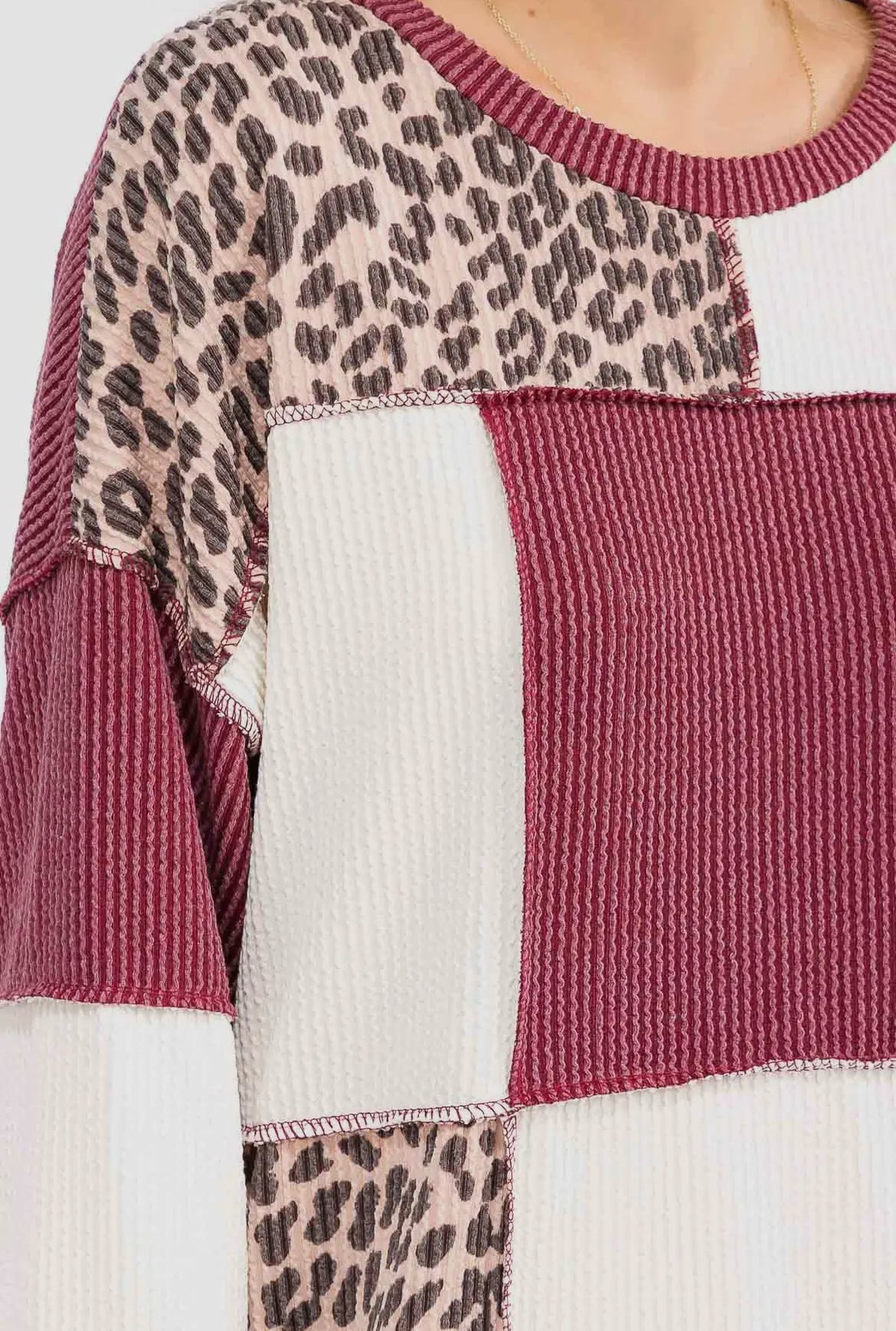Burgundy + Cheetah Ribbed Colorblock Long Sleeve Top