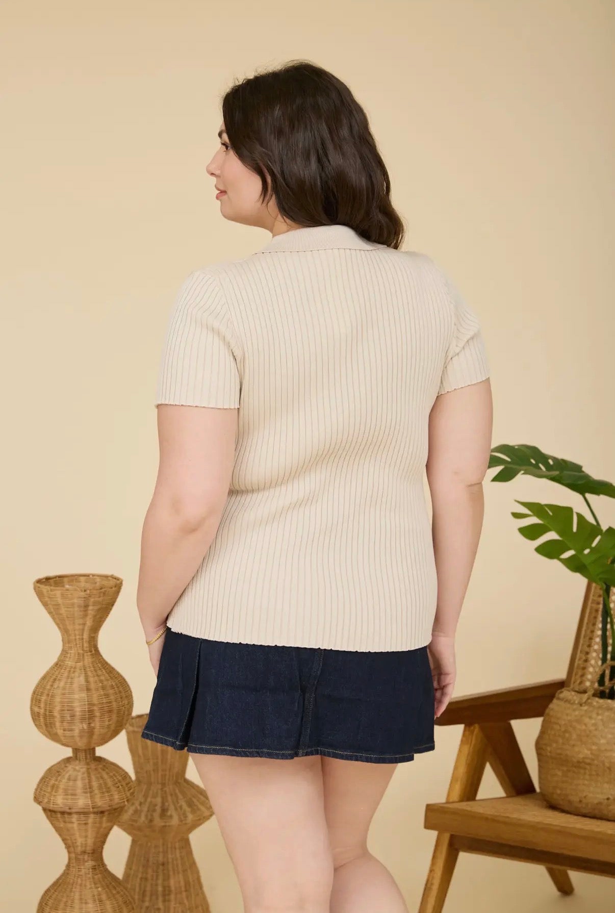 Light Khaki Ribbed Collared Short Sleeve Top