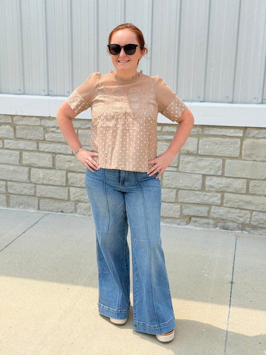 Beige Polka Dot Lace Trim Top