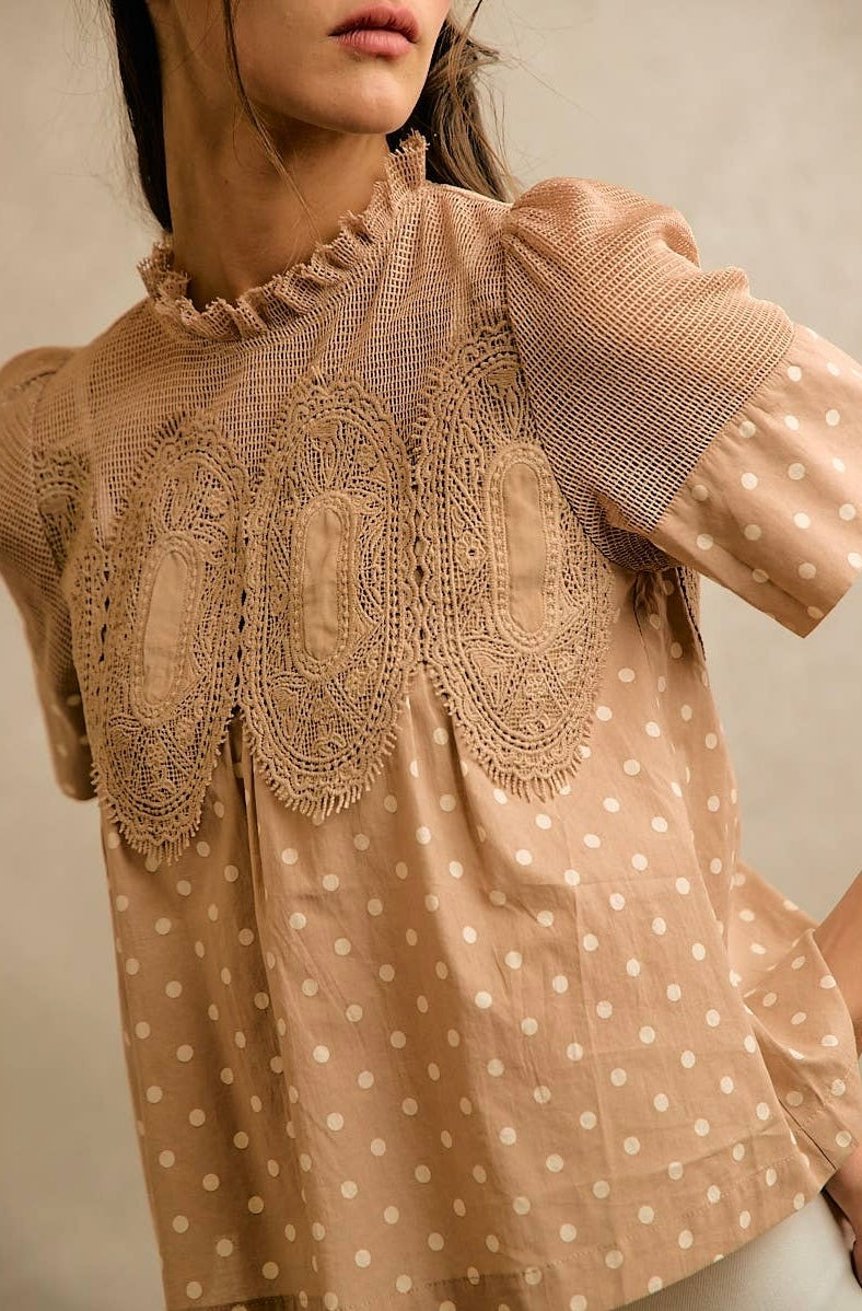Beige Polka Dot Lace Trim Top