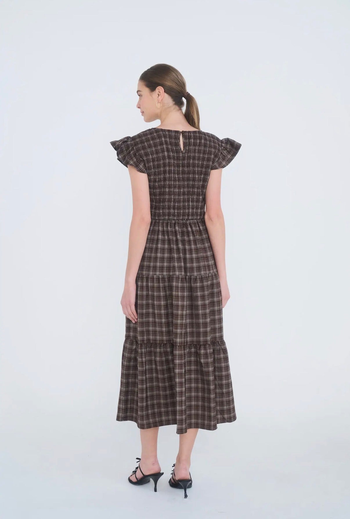 Brown Plaid Smocked Flutter Sleeve Dress