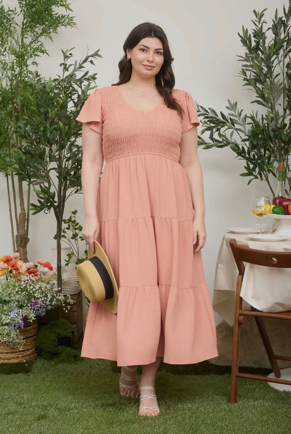2XL Peach Smocked Flutter Sleeve Midi Dress