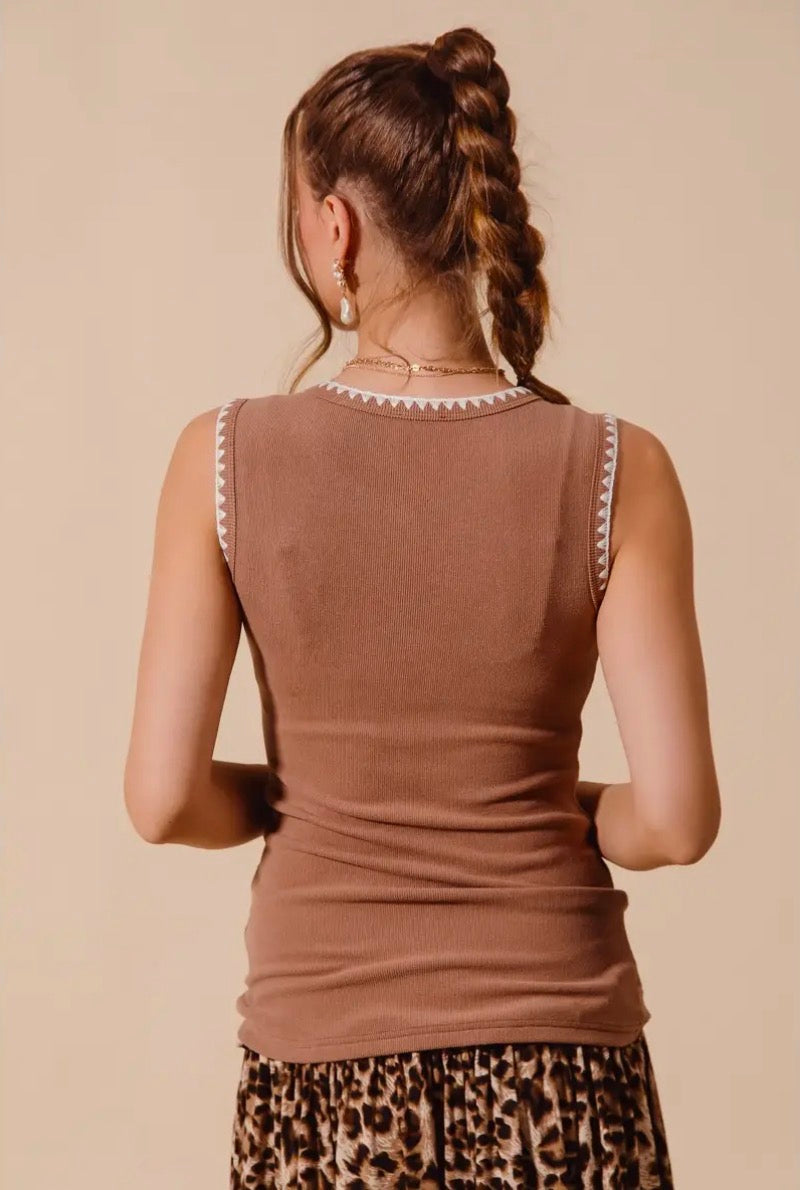 Caramel Embroidered Edge Sleeveless Ribbed Top