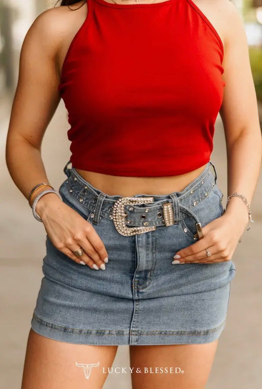Denim Rhinestone Buckle Mini Skirt