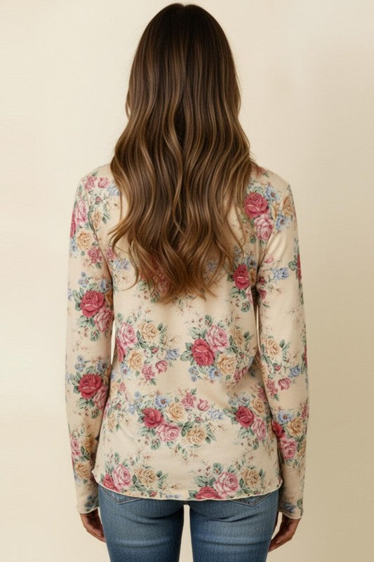 Oatmeal Floral Mock Neck Long Sleeve Top