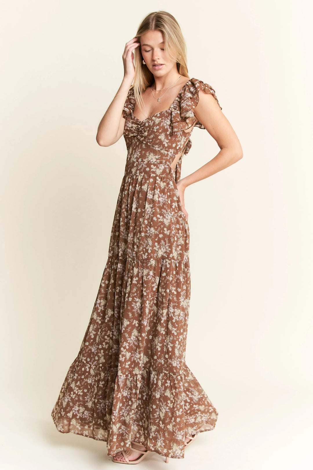 Mocha Floral Ruffle Sleeve Tiered Maxi Dress