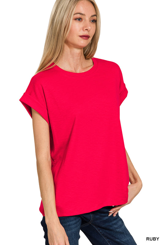 Ruby Red Cotton Modal Rolled Sleeve Top