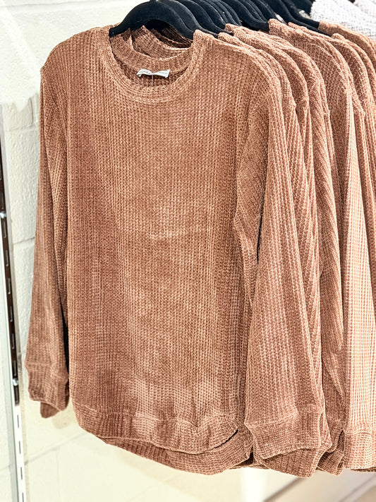 Brown Chenille Waffle Knit Sweater