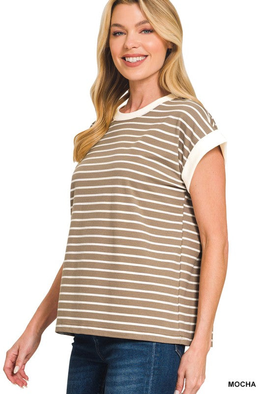 Mocha + White Stripe Short Sleeve Top