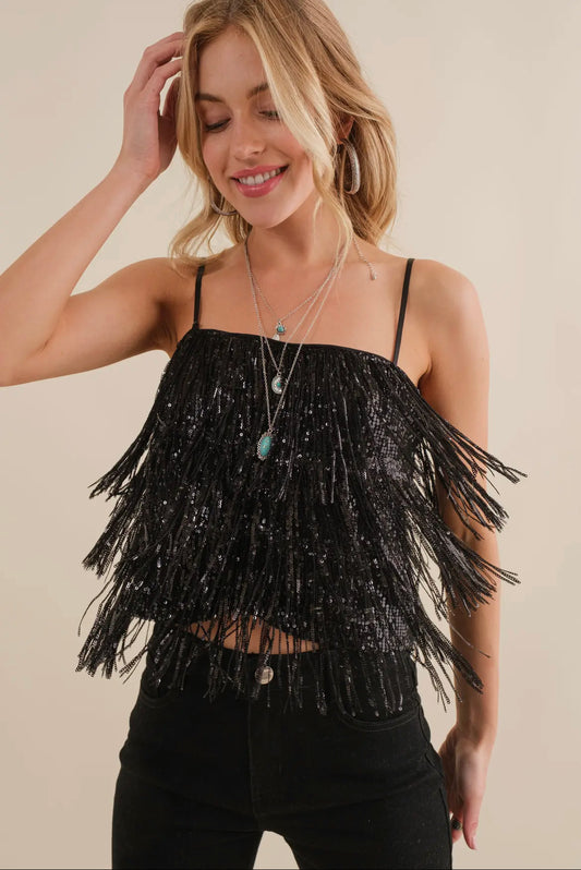 Black Tiered Sequin Cropped Tank Top