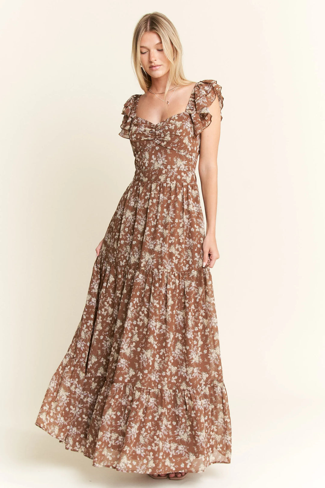 Mocha Floral Ruffle Sleeve Tiered Maxi Dress