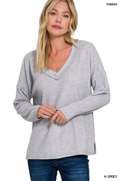 Solid Fuzzy Ribbed Long Sleeve Top