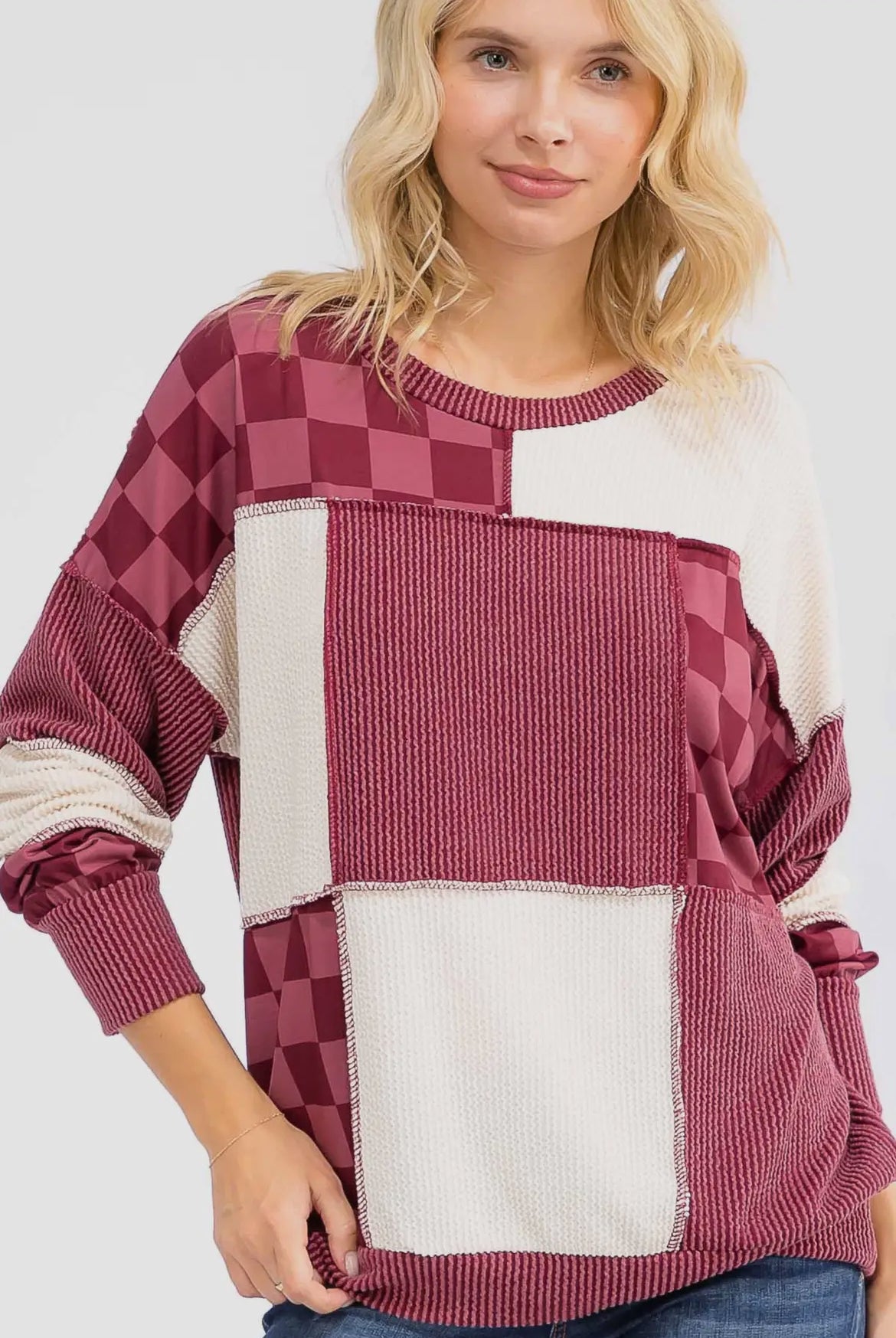 Burgundy + Checkered Ribbed Colorblock Long Sleeve Top