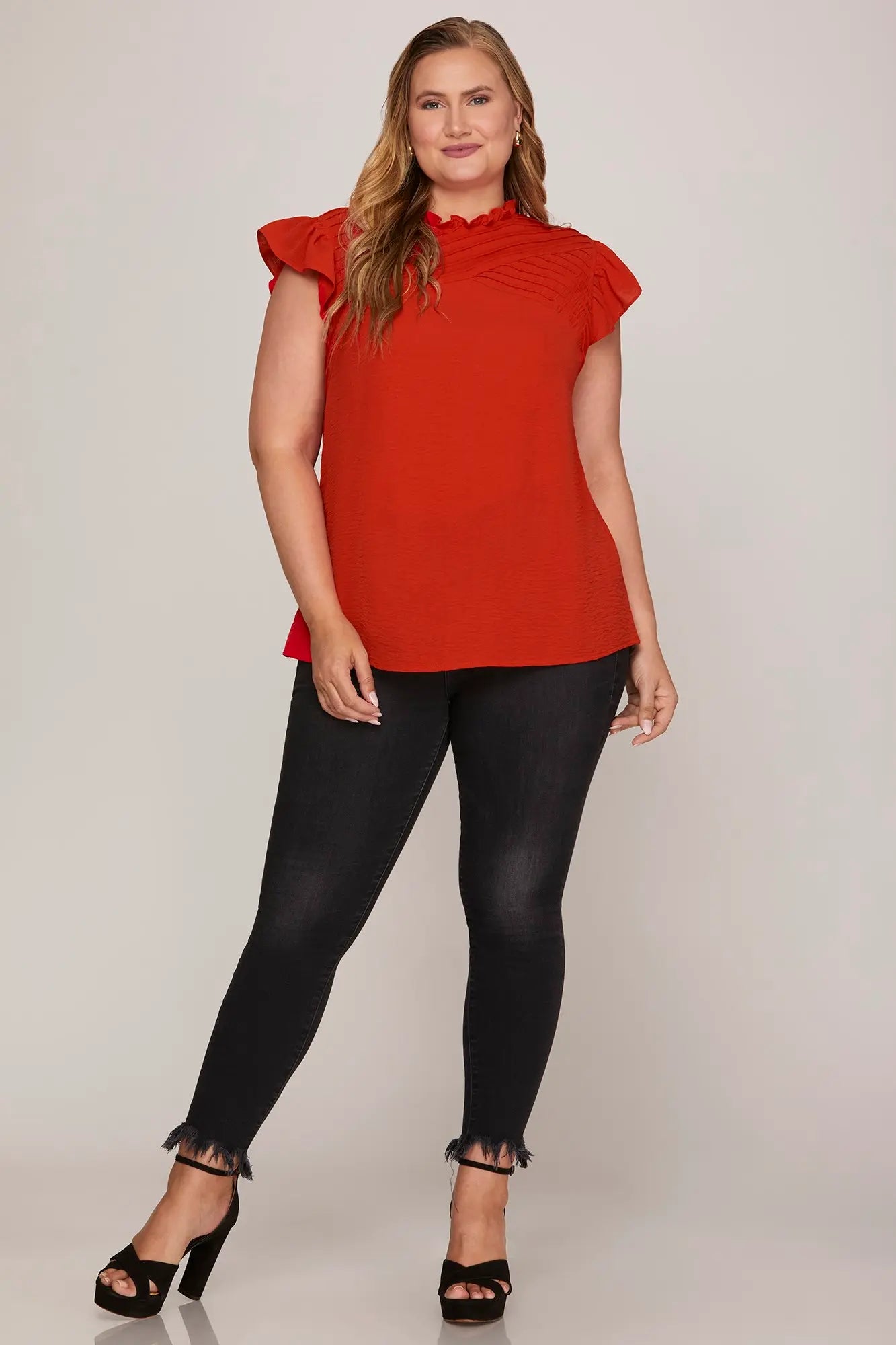 Red Ruffle Detail Pintuck Top