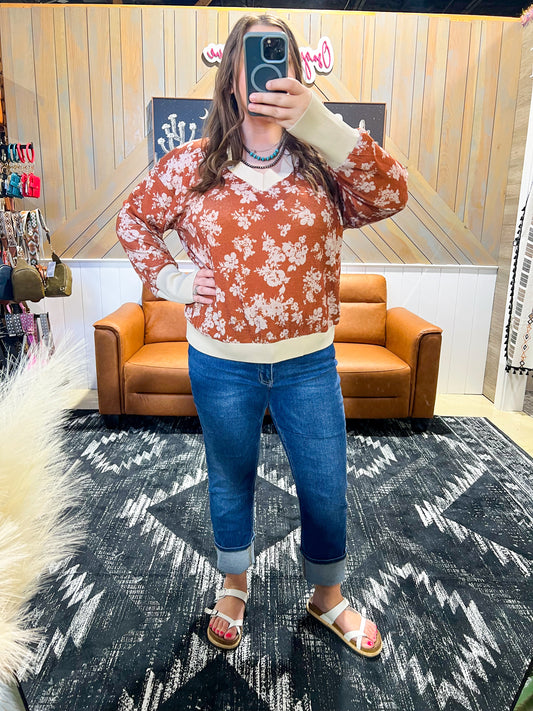Rust Floral Relaxed Knit Top