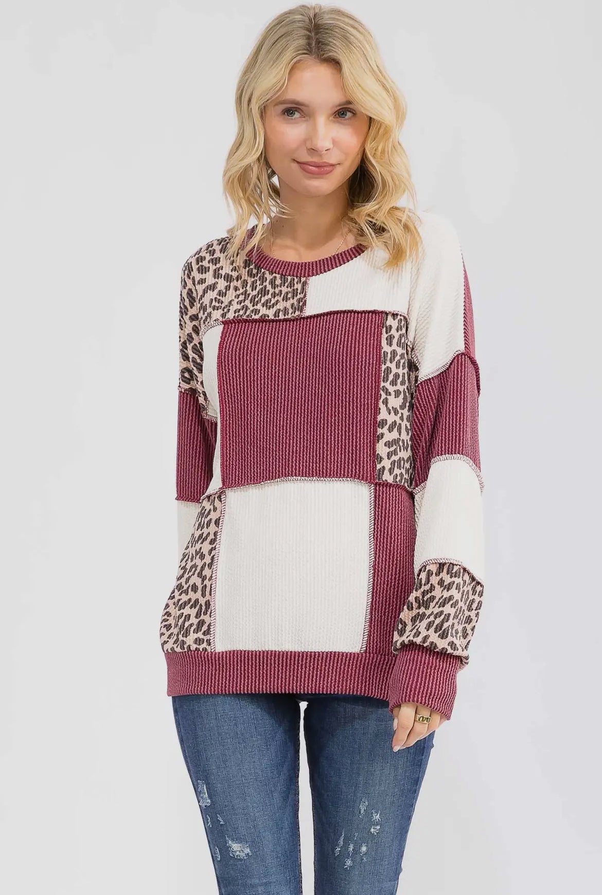 Burgundy + Cheetah Ribbed Colorblock Long Sleeve Top