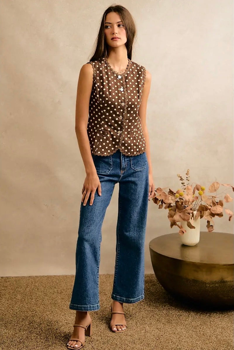 Brown Polka Dot Twill Vest