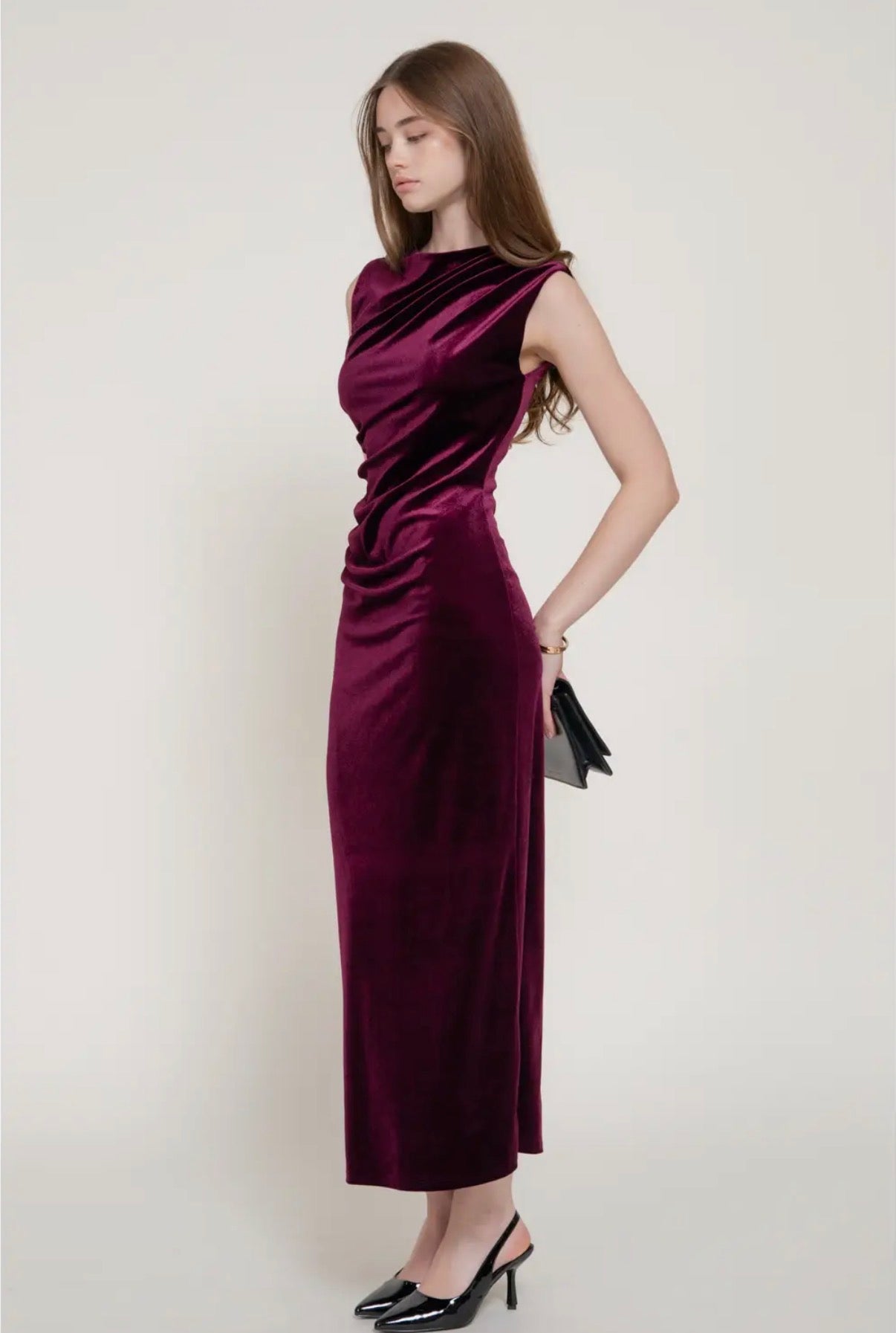 Wine Sleeveless Ruched Velvet Dress