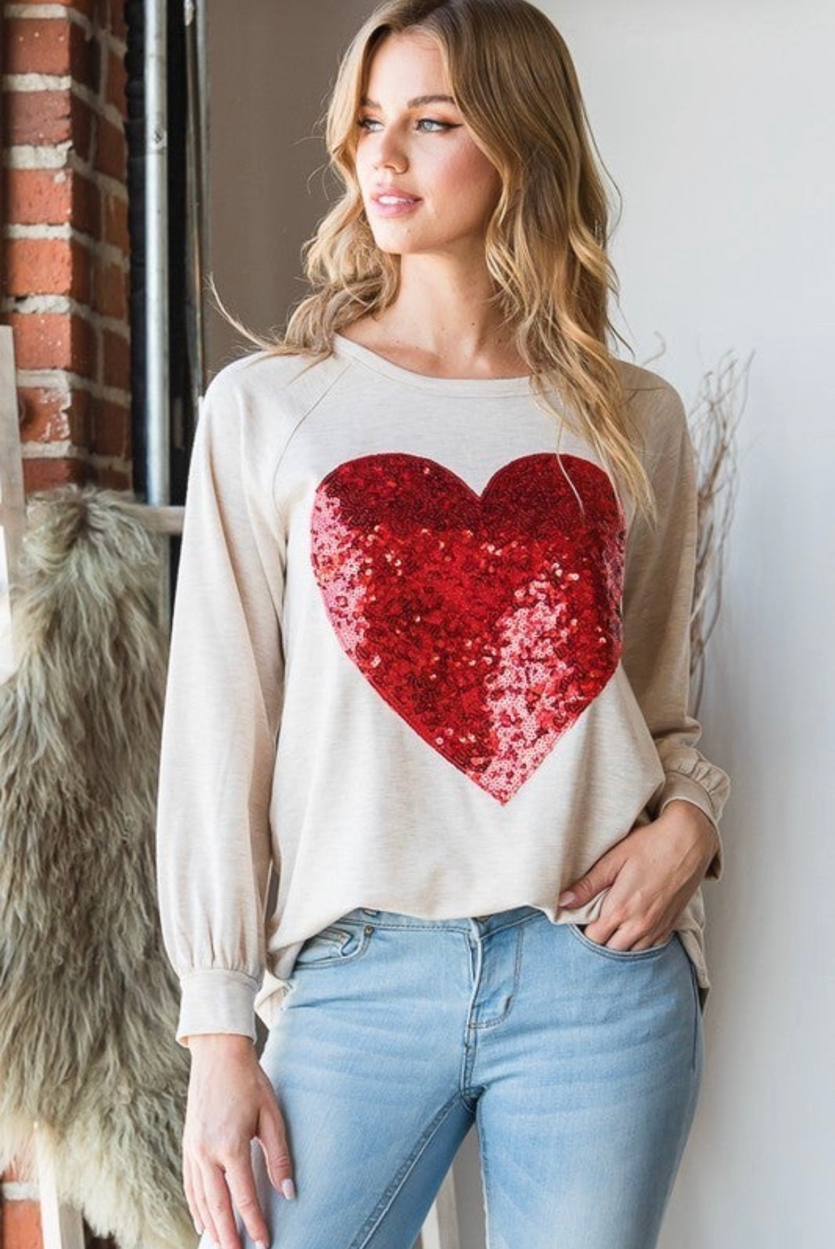 Oatmeal Sequin Heart Long Sleeve Top