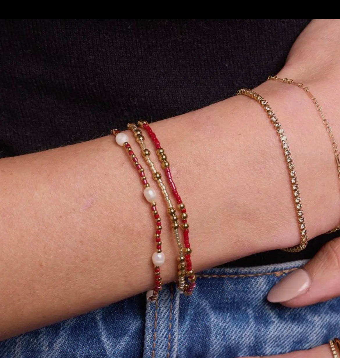 Gold + Ruby Beaded Stretch Bracelet Set