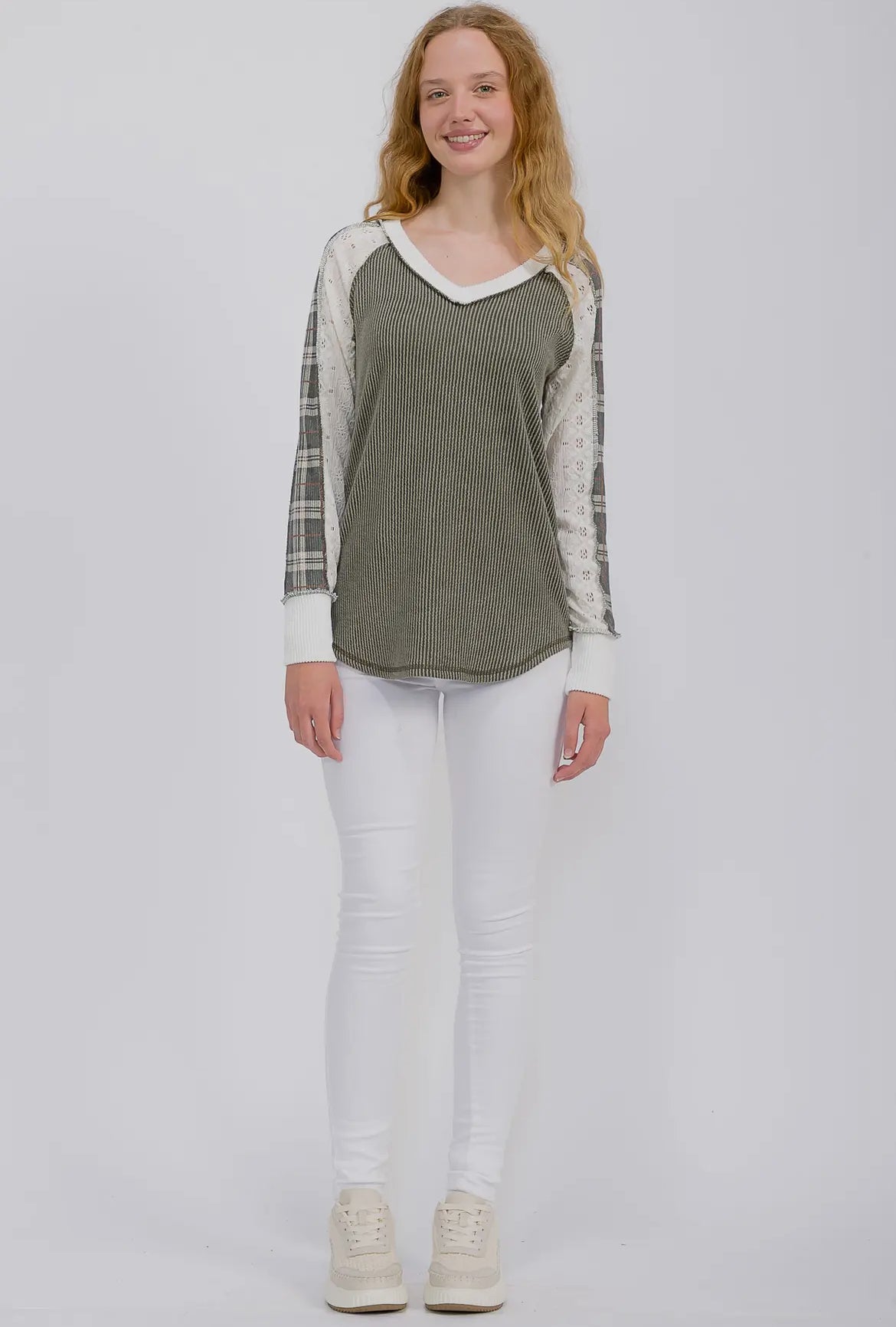 Olive + Plaid Ribbed Colorblock Long Sleeve Top