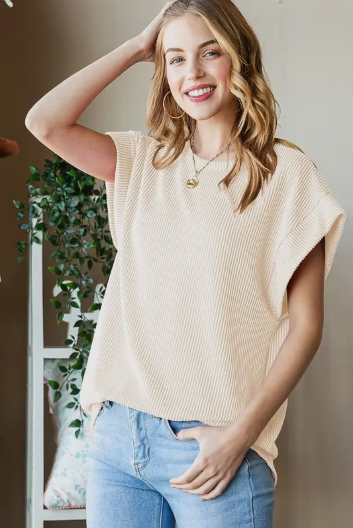 Cream Ribbed Dolman Short Sleeve Top