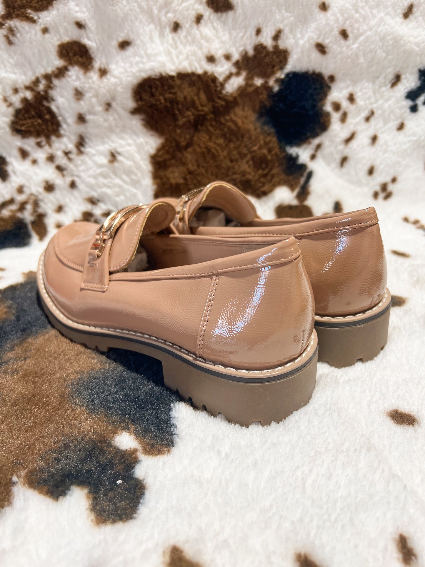 Anessa Taupe Faux Patent Leather Buckle Loafer