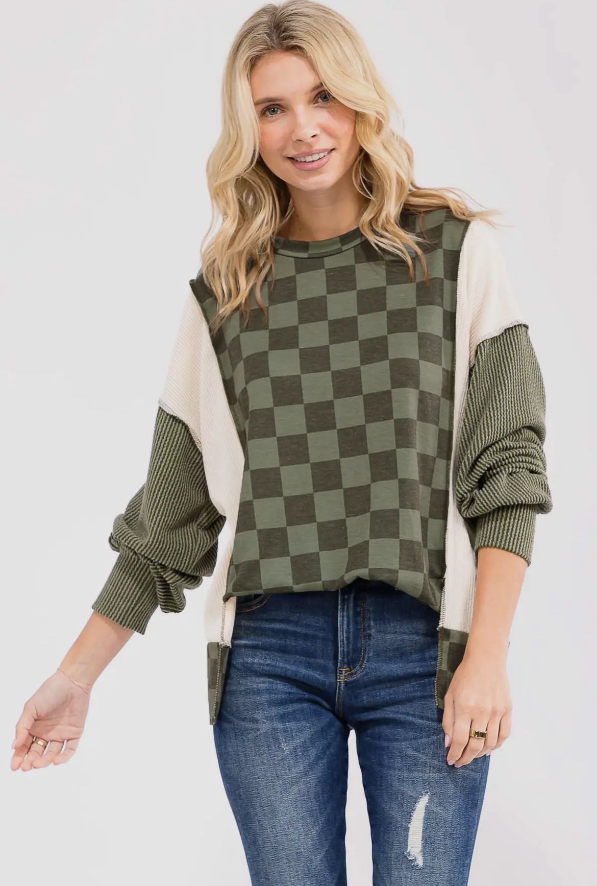 Olive Checkered Ribbed Colorblock Long Sleeve Top