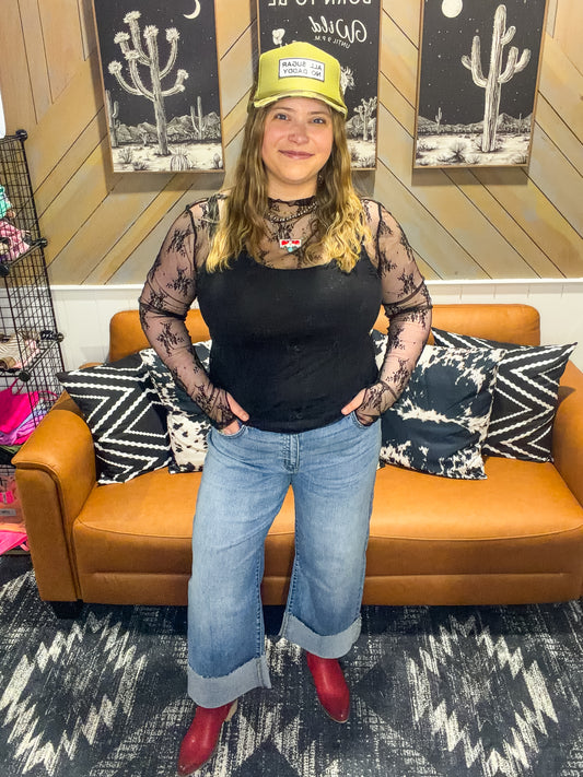 Black Sheer Mesh Lace Long Sleeve Top