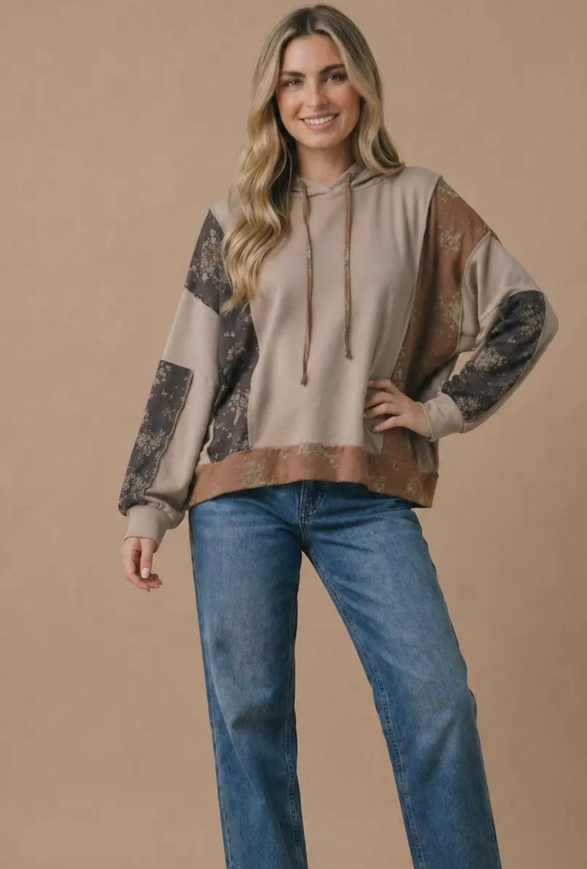 Taupe Floral Colorblock Hoodie