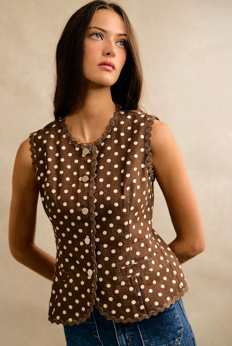 Brown Polka Dot Twill Vest