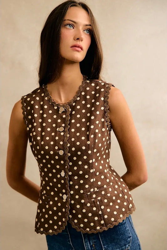 Brown Polka Dot Twill Vest