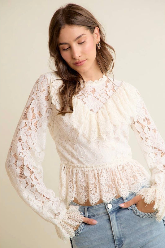 Cream Lace Ruffled Open Back Top