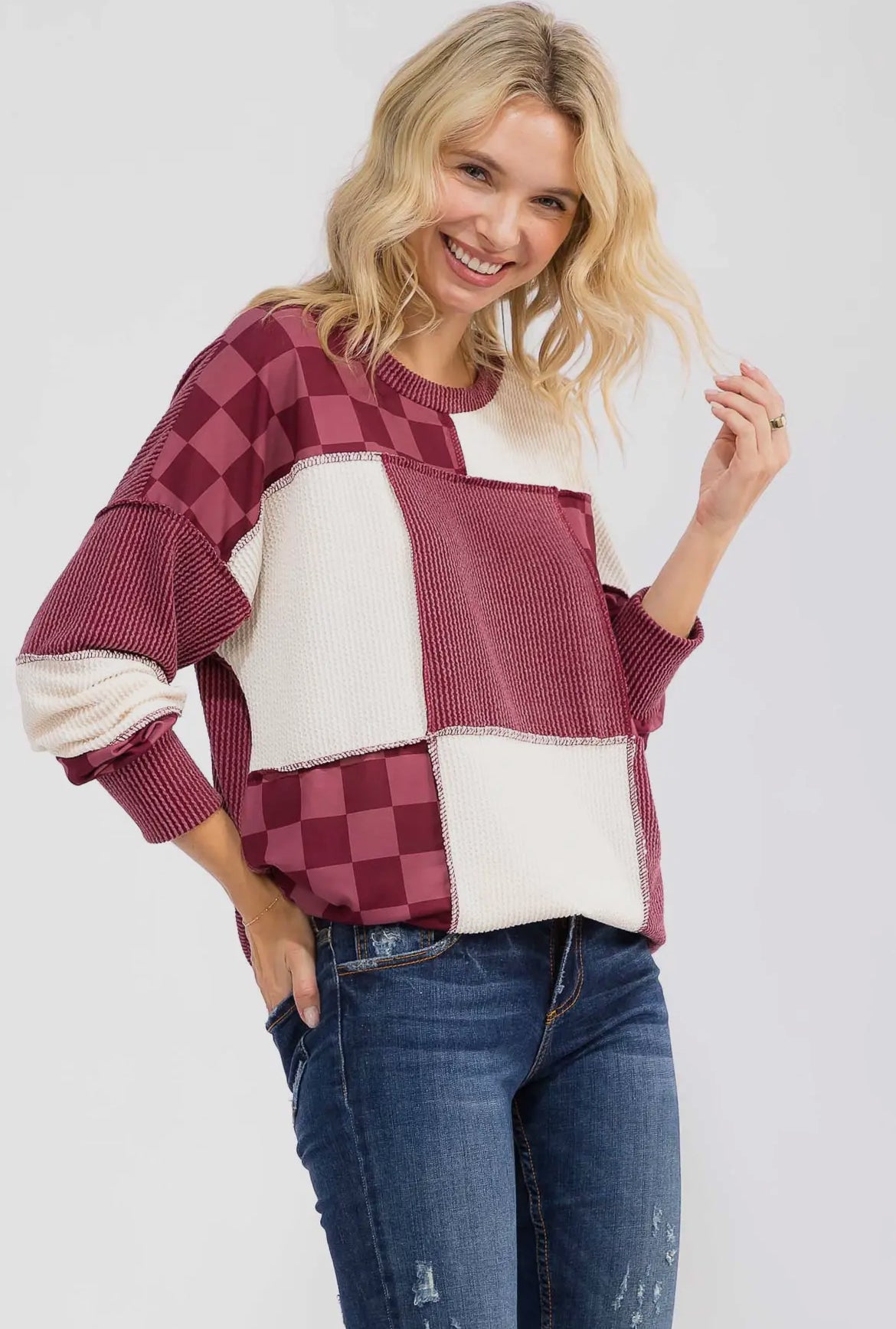 Burgundy + Checkered Ribbed Colorblock Long Sleeve Top