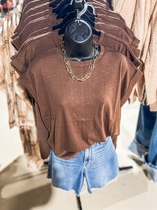 Brown Cotton Modal Rolled Sleeve Top