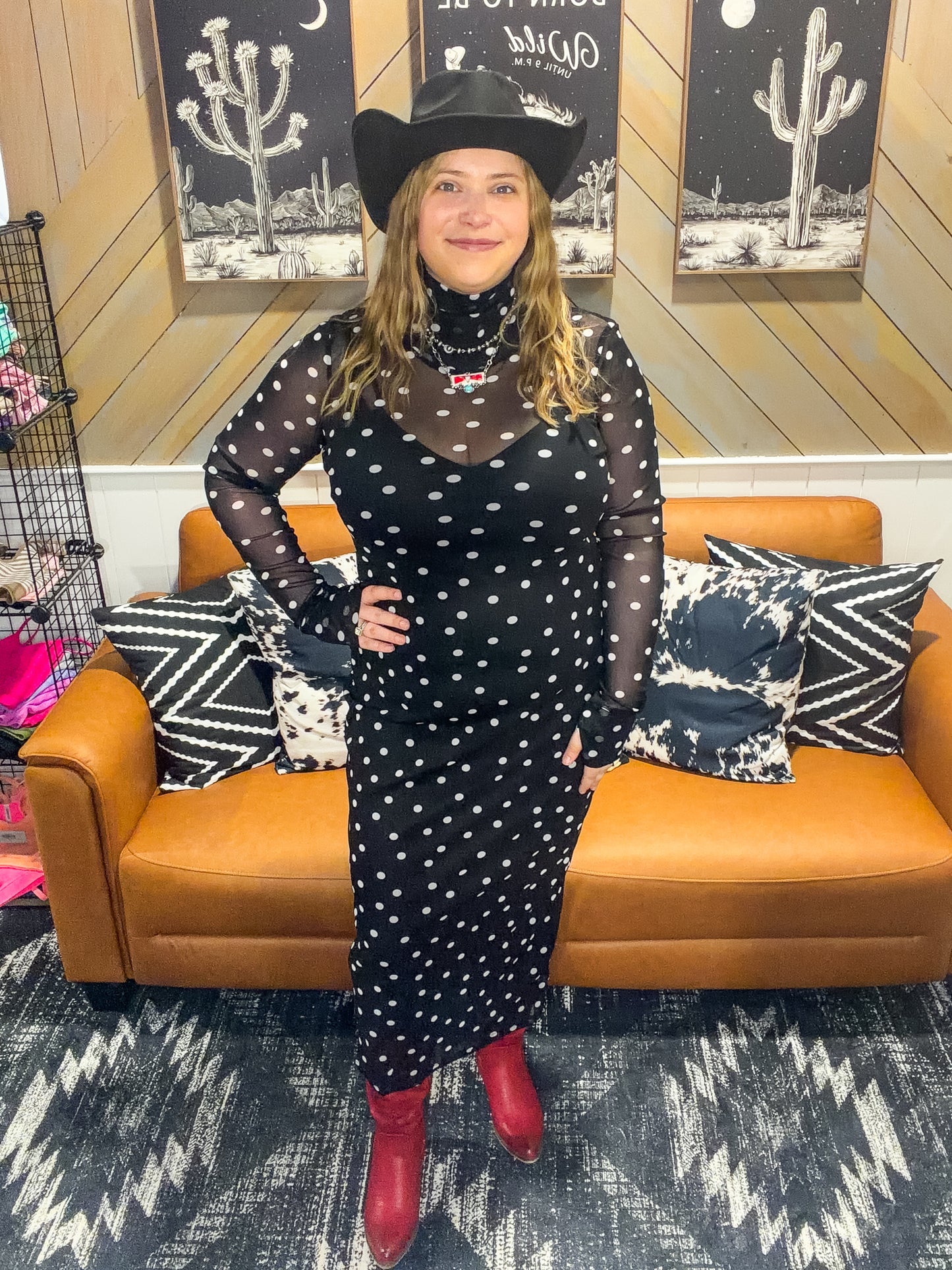 Black Polka Dot Mesh Long Sleeve Dress