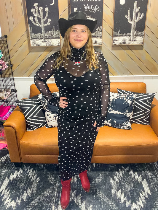 Black Polka Dot Mesh Long Sleeve Dress