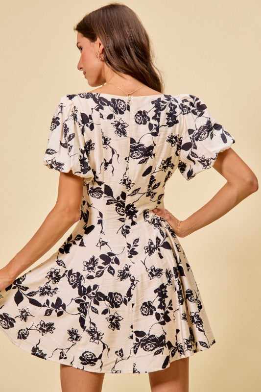 Ivory & Black Floral Fit & Flare Dress
