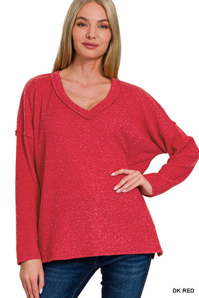 Solid Fuzzy Ribbed Long Sleeve Top