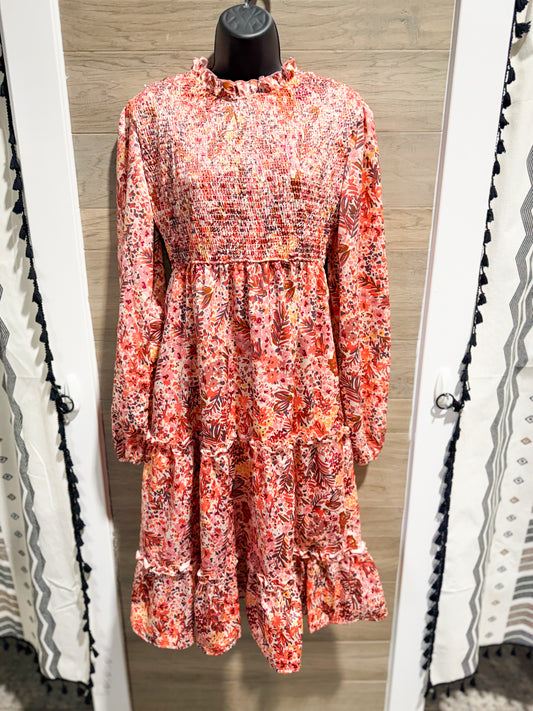 Marsala Satin Floral Smocked Midi Dress