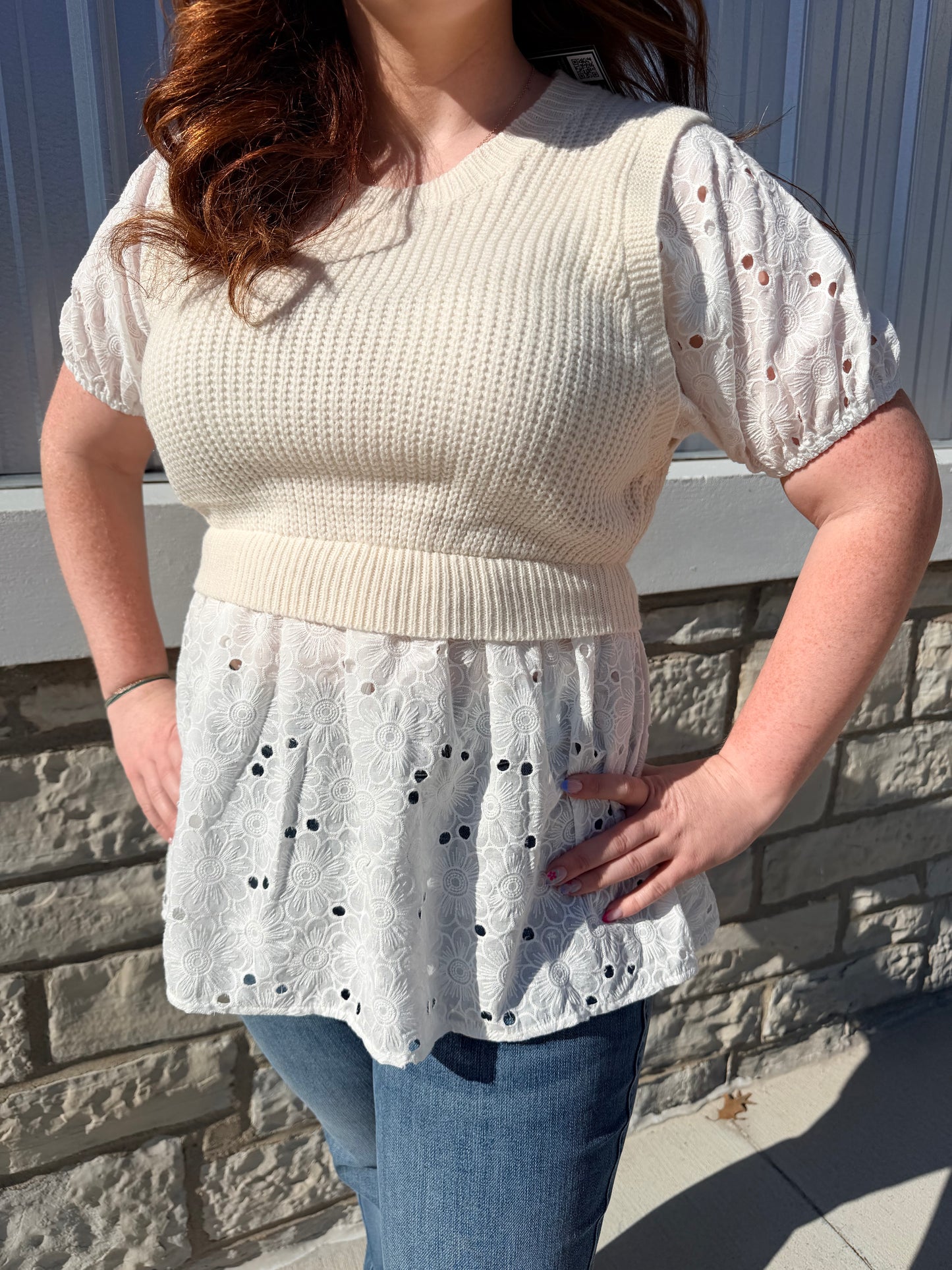 Cream + Ivory Round Neck Sweater Eyelet Layered Top