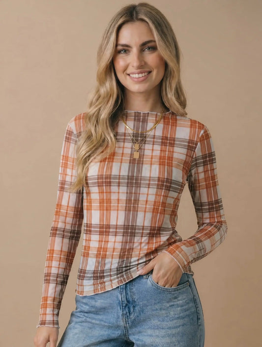 Oatmeal + Rust Plaid Mesh Long Sleeve
